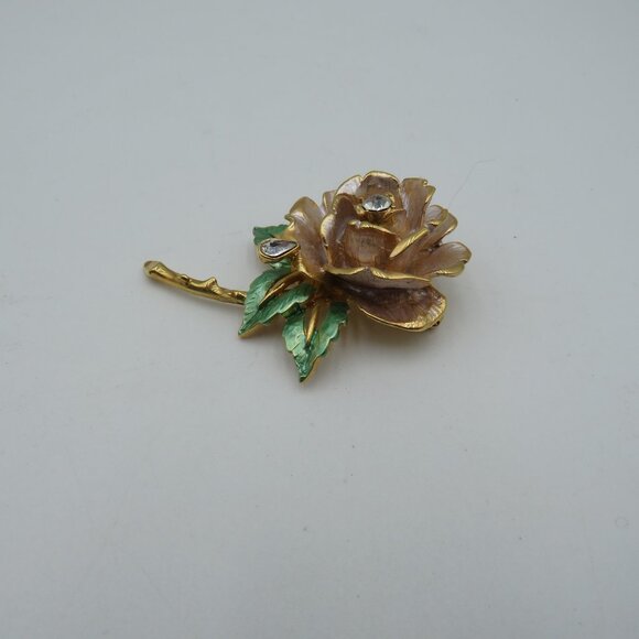 Vintage 1997 England's Rose Flower Brooch Gold Tone Enamel Rhinestone Pin Jewelr - Picture 2 of 9
